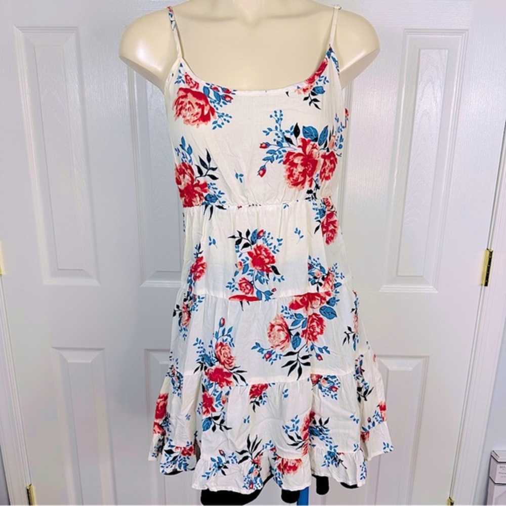 COTTON ON dress FLORAL off white MINI DRESS pink blue open back casual FLIRTY XS
